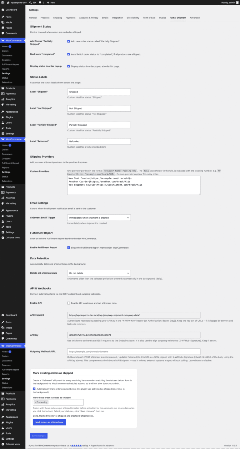 Plugin settings: status labels, custom providers, emails, API and webhooks