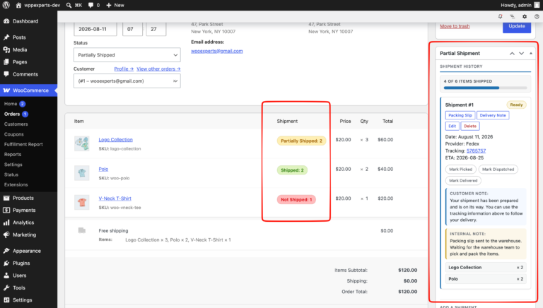 Order edit screen with per-item shipment badges and the shipment history panel