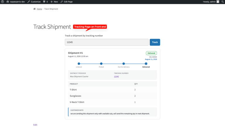 Front-end Track Shipment page with a delivery timeline and the shipped items