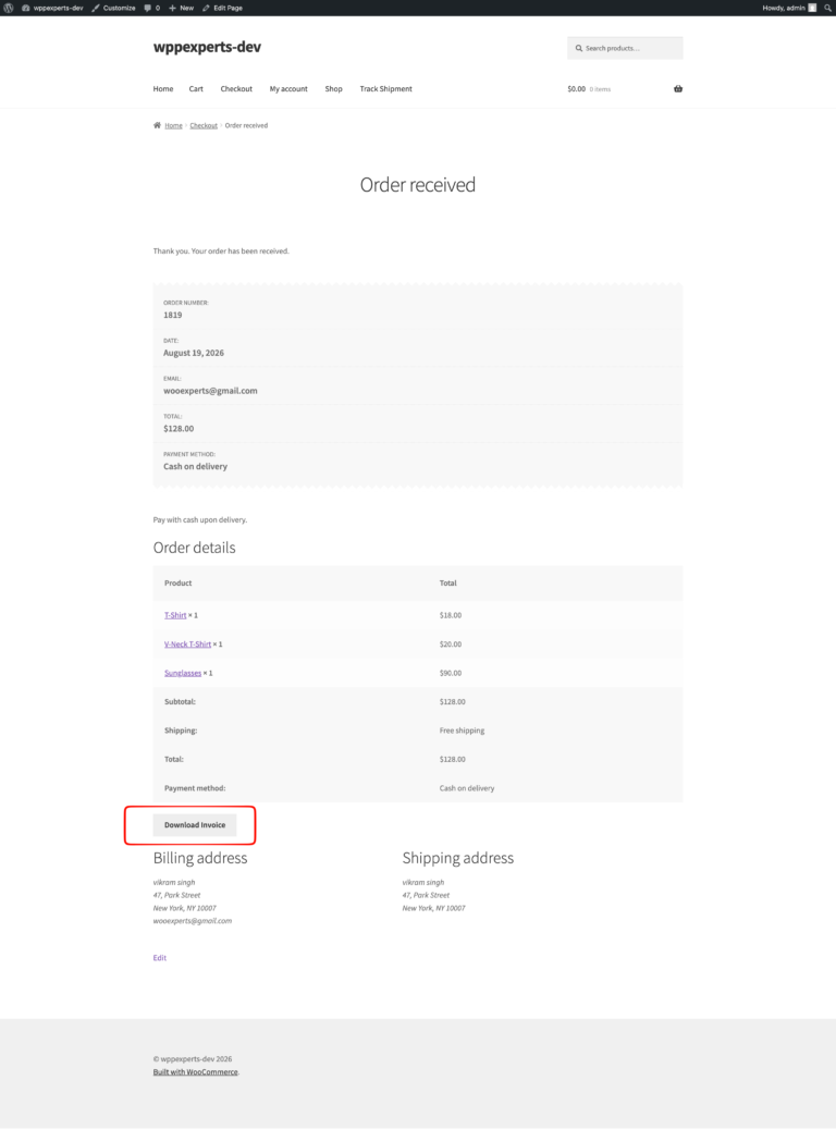 WooCommerce order received page with a Download Invoice button under the order details