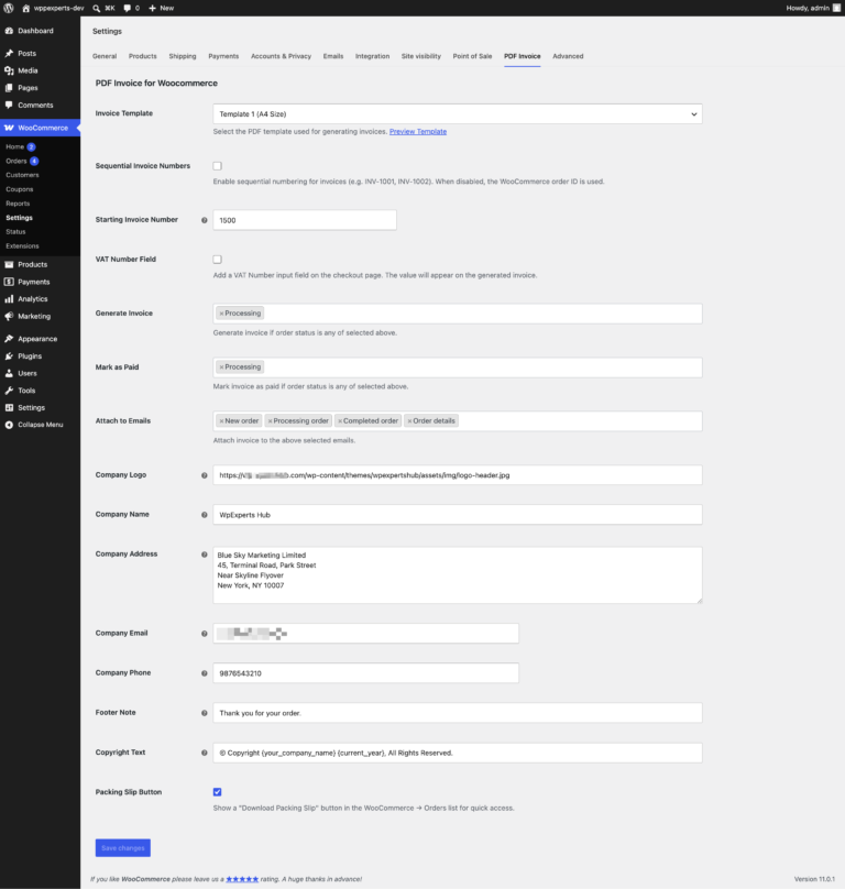 PDF Invoice settings: invoice template, sequential numbers, VAT number field, invoice statuses, email attachments, company details and packing slip button