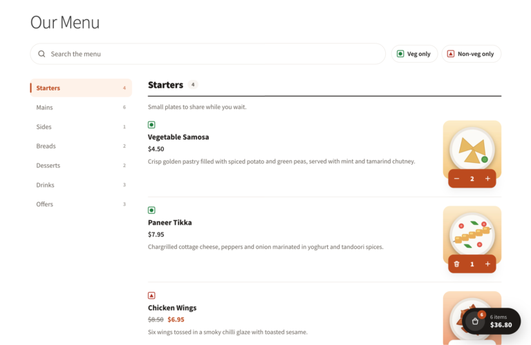 One-page restaurant menu with a category list, search bar, Veg only and Non-veg only filters, dish rows with photos and quantity steppers, and a floating basket button