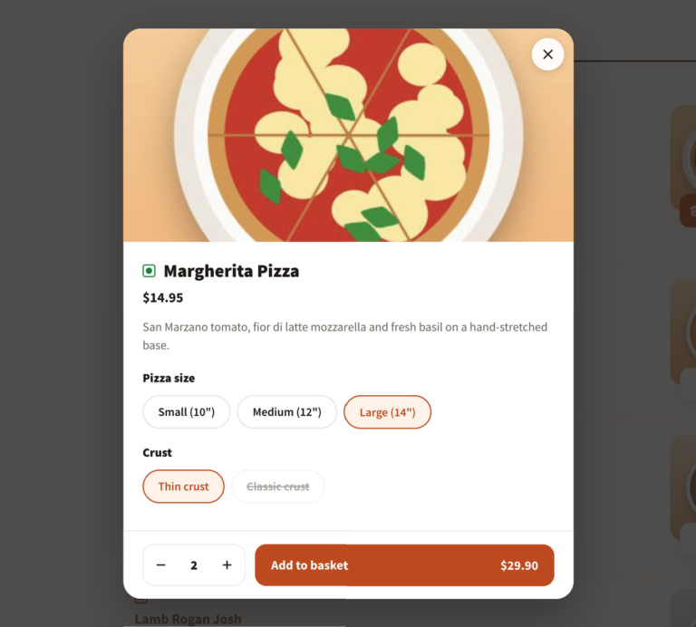 Dish popup for a Margherita Pizza with pizza size and crust option buttons, a quantity stepper and an Add to basket button showing the live total