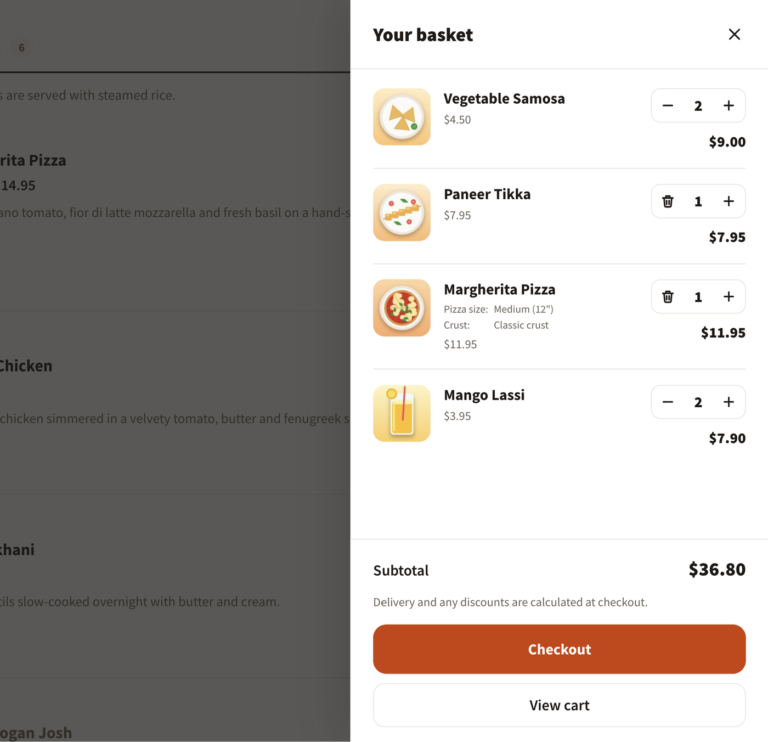 Basket drawer listing dishes with quantity controls and line totals, the subtotal, and Checkout and View cart buttons