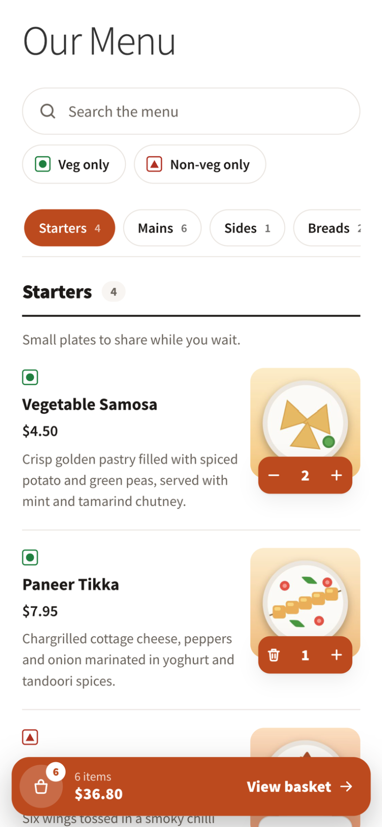 Restaurant menu on a phone with a search bar, veg filters, swipeable category chips and a View basket bar at the bottom