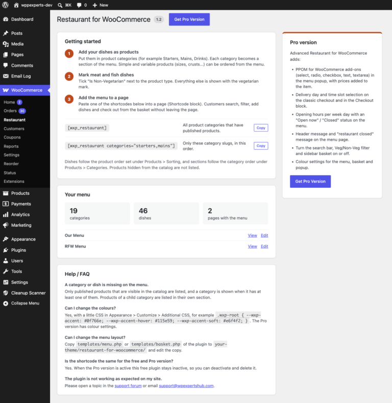 WooCommerce Restaurant screen with getting started steps, shortcodes to copy, menu statistics and the pages that show the menu
