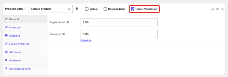 Is Non-Vegetarian checkbox next to the product type in the WooCommerce product editor