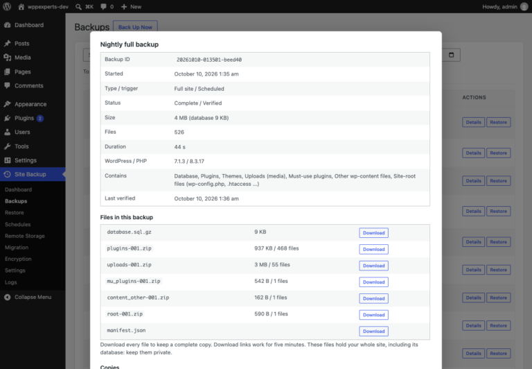 Details of a backup: parts, sizes, checksums and downloads