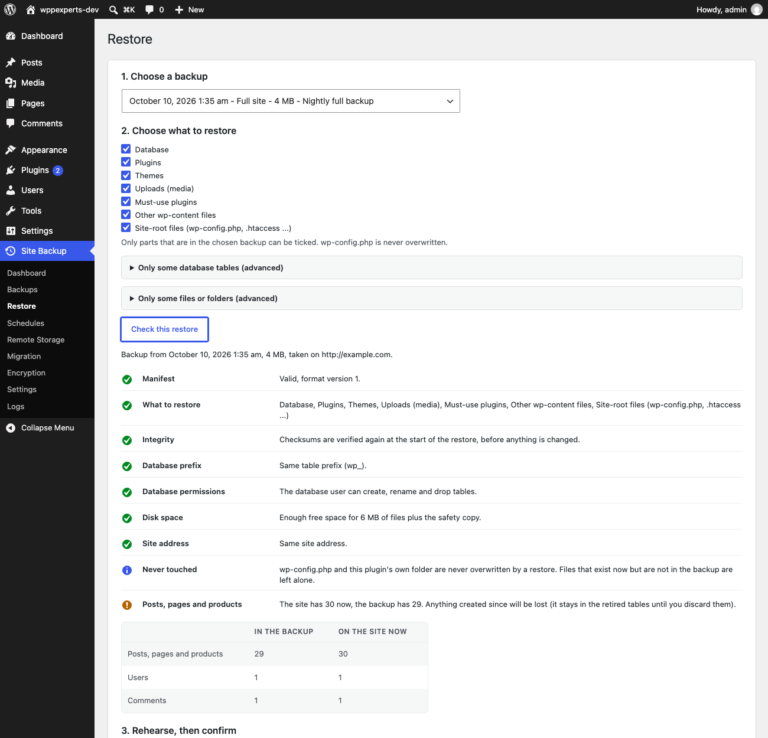 The restore pre-flight proves the backup, the database permissions and the disk space before anything changes