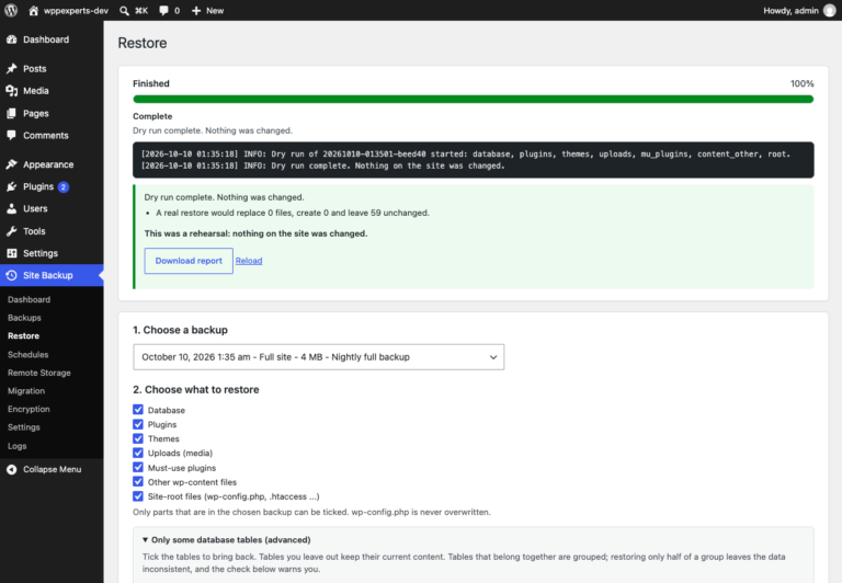 A dry run rehearses a restore and changes nothing