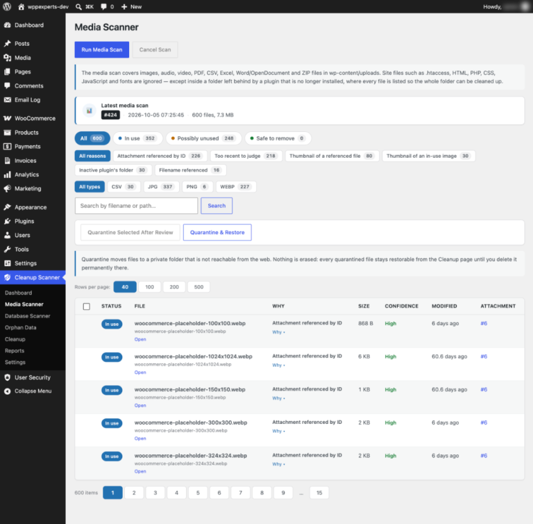 Media Scanner listing each file with its status, reason, size and confidence
