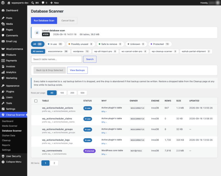 WordPress cleanup plugin database scanner showing the owner and status of every table