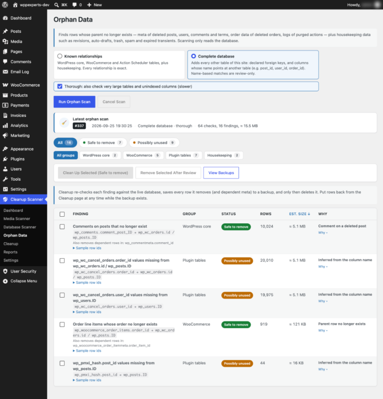 Orphan Data scanner listing rows whose parent no longer exists, grouped by WordPress core, WooCommerce and plugin tables