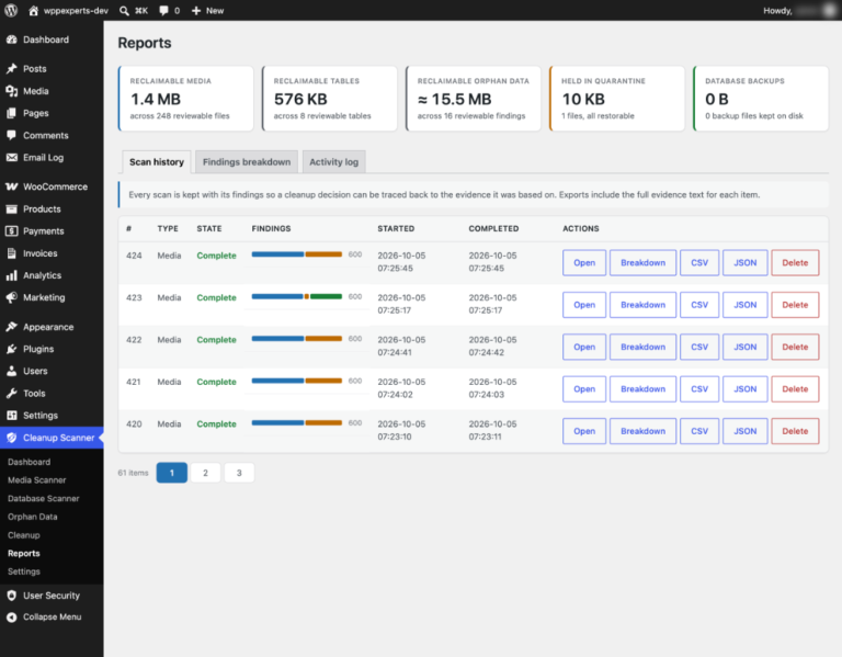 Reports screen with reclaimable totals and a scan history with CSV and JSON export buttons