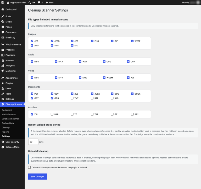 Settings for the file types included in media scans, the recent upload grace period and uninstall cleanup