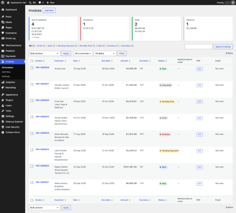 WordPress invoice plugin list with outstanding, overdue and paid tiles and status filters