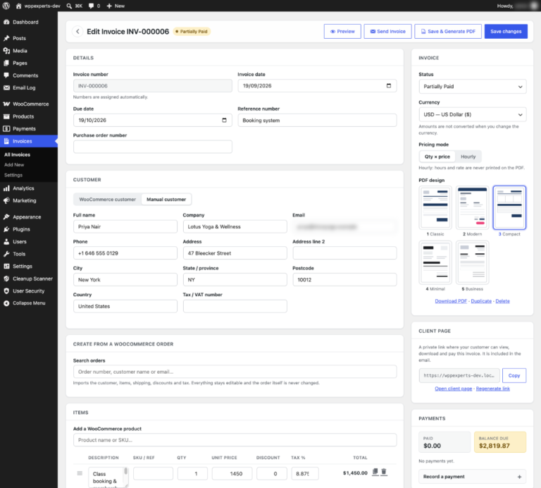 Invoice editor with details, customer, PDF design choice, client page link and payments