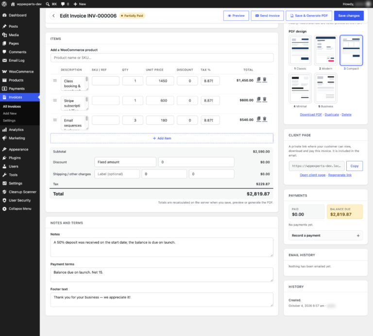 Invoice editor with items, totals, notes, payment terms, email history and history log