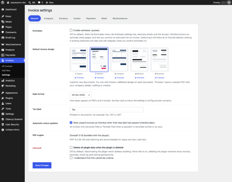 Invoice settings General tab with the estimates switch, five PDF designs, date format and tax label