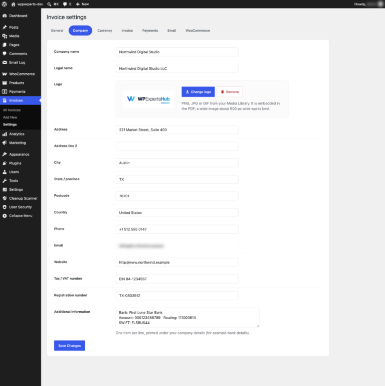 Company settings with name, logo, address, tax number and bank details