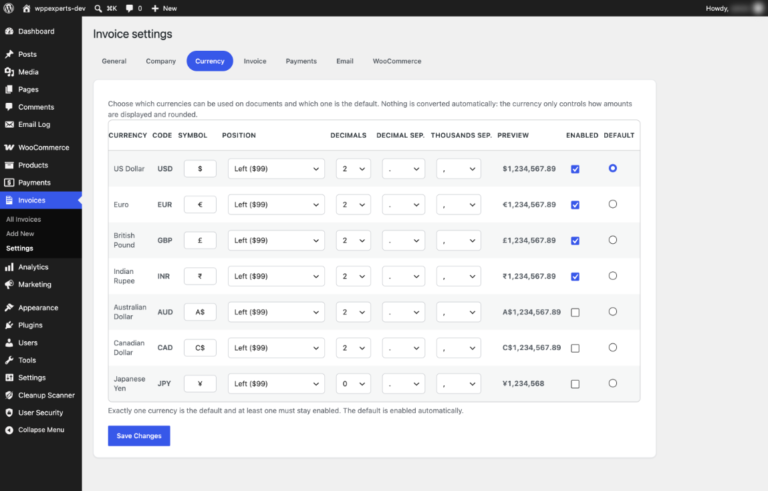 Currency settings with symbol, position, decimals and separators for each currency