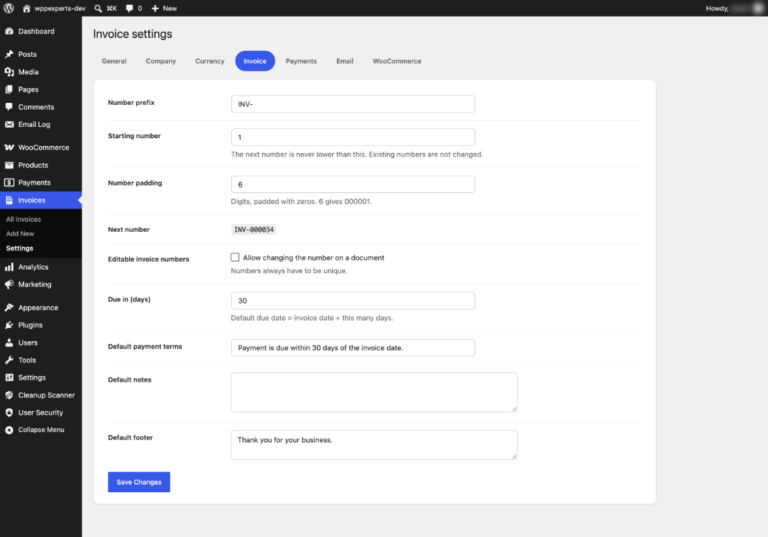 Invoice settings for number prefix, padding, due days, default payment terms and footer