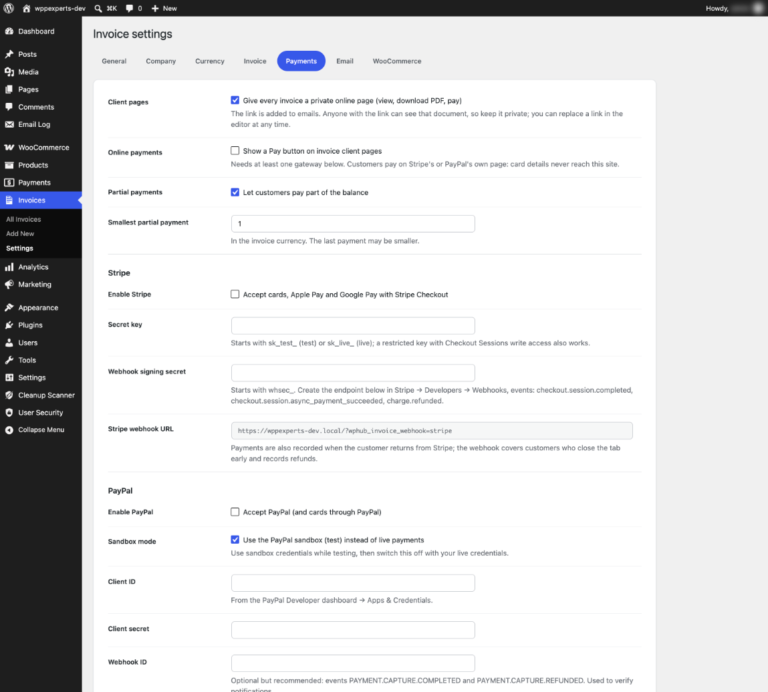 Payments settings for client pages, partial payments and Stripe