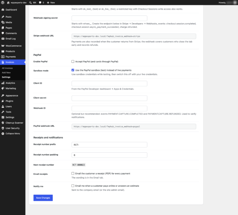 Payments settings for PayPal, receipt numbers and notifications