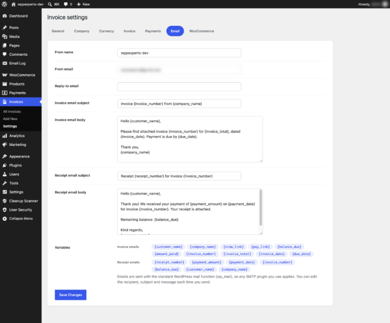 Email settings with sender, subject and message templates and their variables