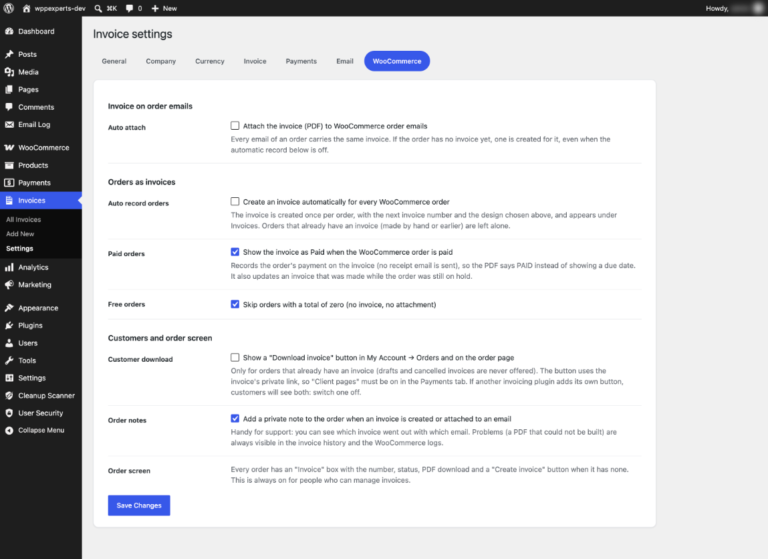 WooCommerce settings for order emails, automatic invoices and My Account