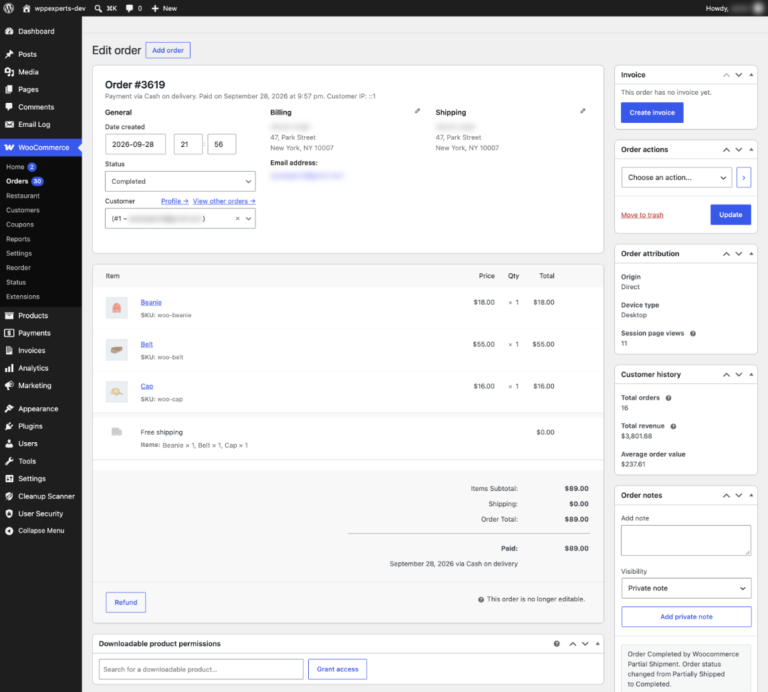 WooCommerce order screen with an Invoice box and a Create invoice button