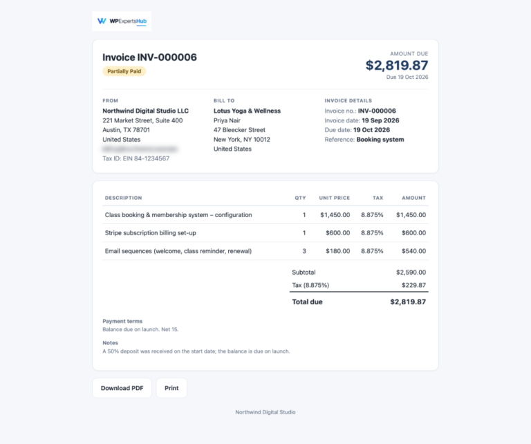 Private client page where a customer views, downloads and prints an invoice
