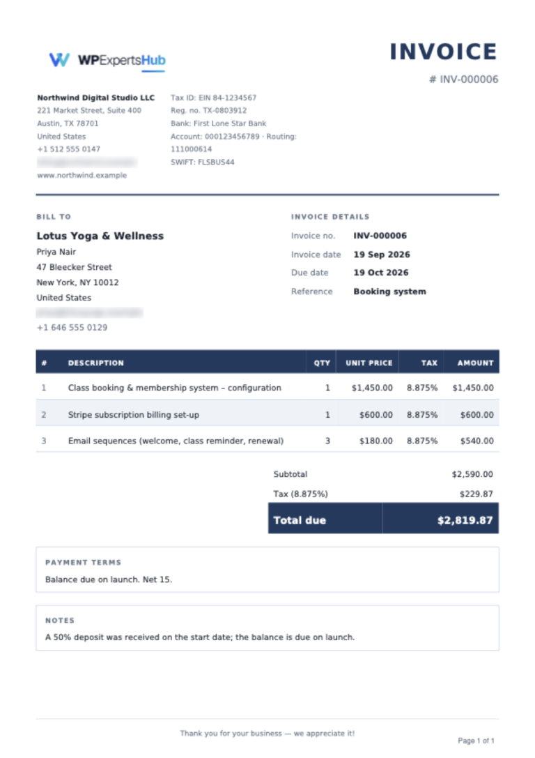 Classic PDF invoice design with company details and totals