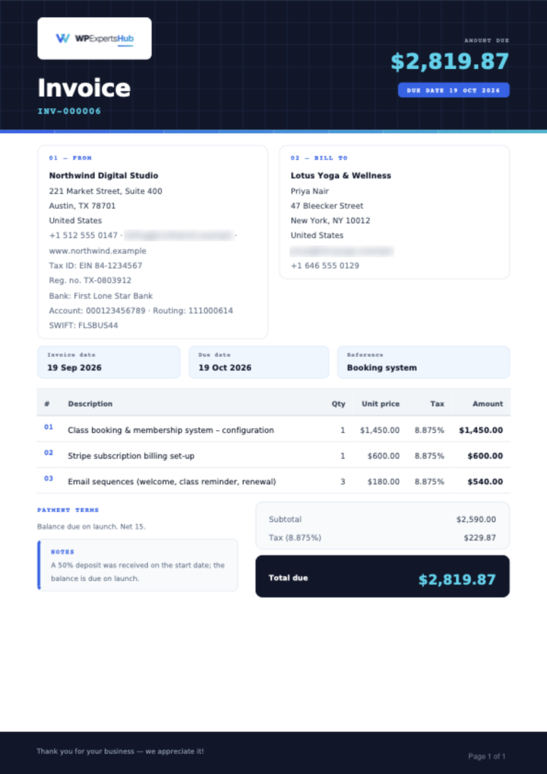 Modern PDF invoice design with company details and totals