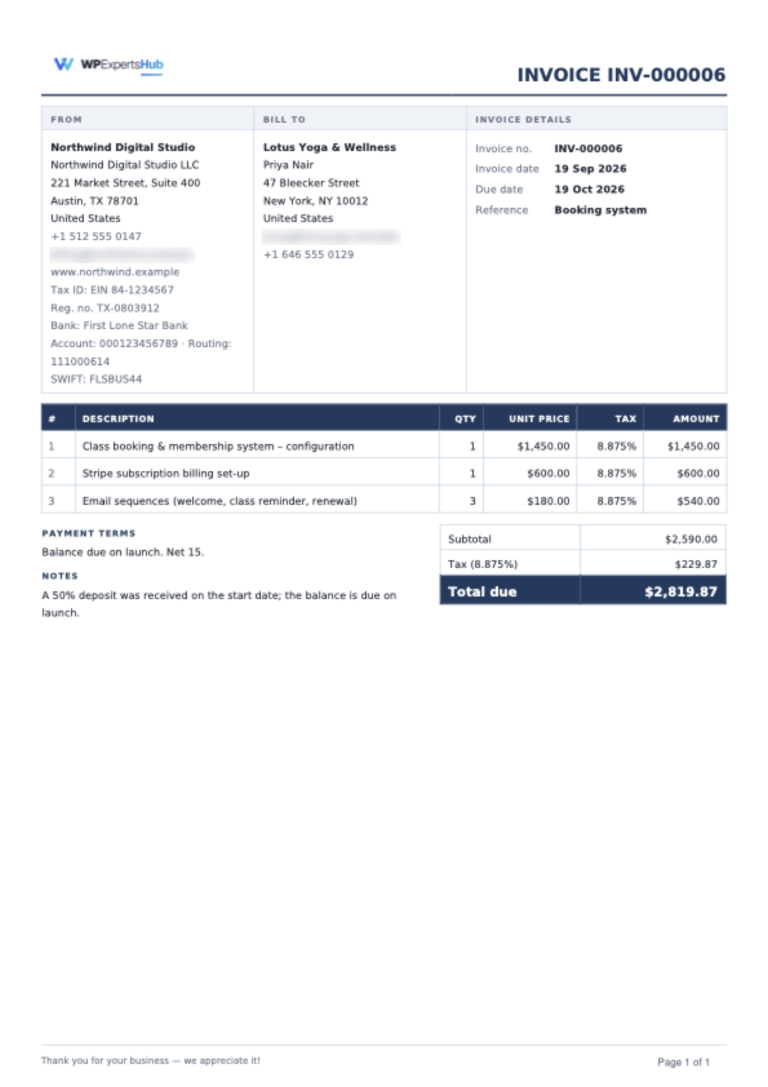 Compact PDF invoice design with company details and totals