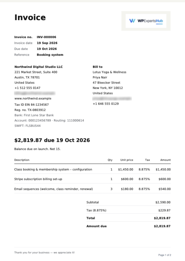 Minimal PDF invoice design with company details and totals
