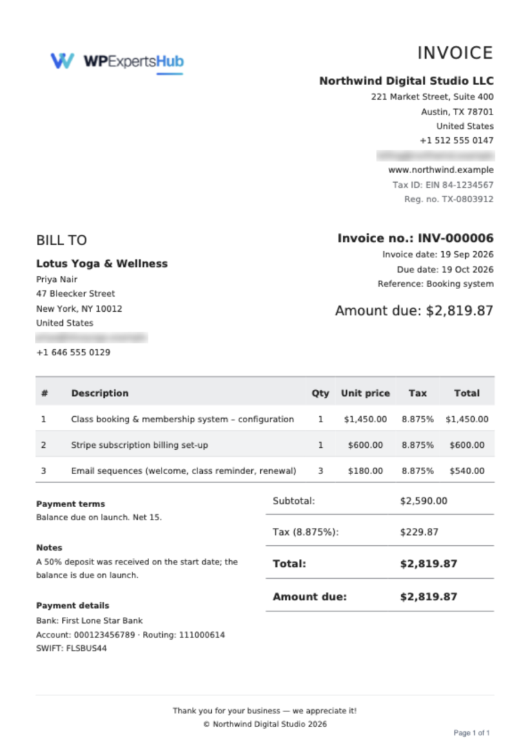 Business PDF invoice design with company details and totals