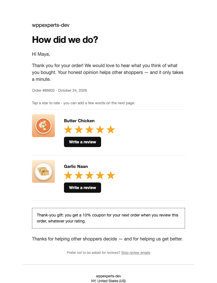 The review request email with five clickable stars and a Write a review button under every product, a thank-you coupon offer and a Stop review emails link