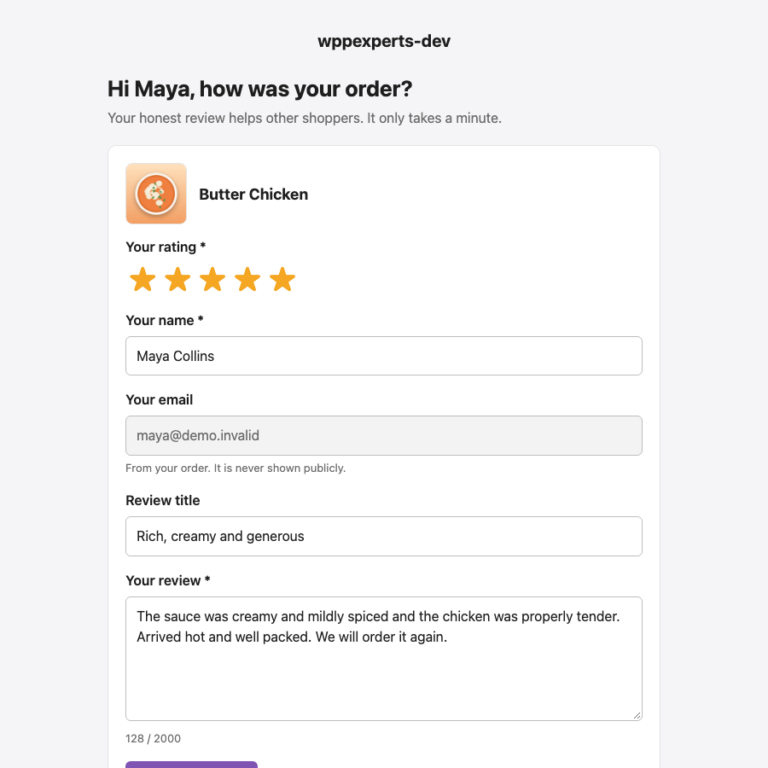 The private review page with a star rating, name, title and review fields