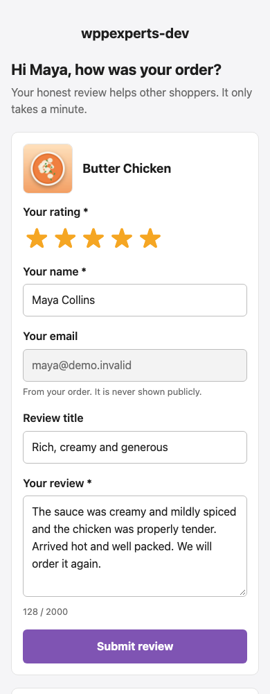 The review page on a 390 pixel wide phone screen
