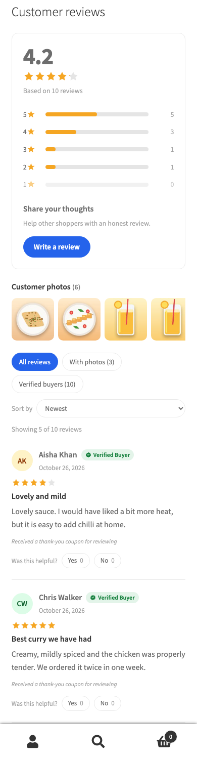The product page reviews section on a 390 pixel wide phone screen