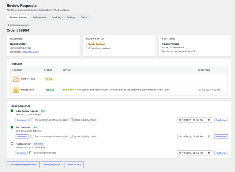 An order with its products, their reviews and the three emails as a timeline