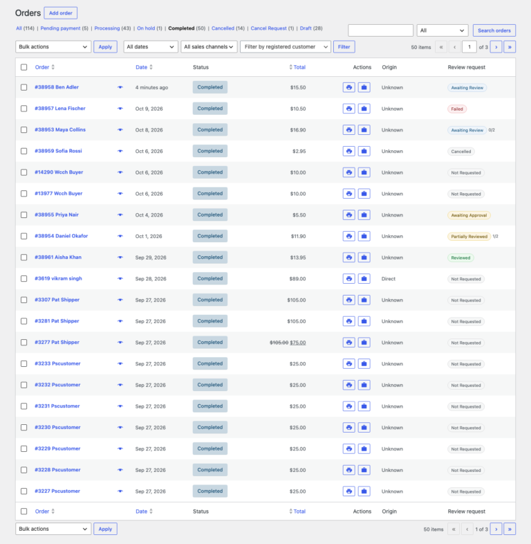 The WooCommerce Orders list with a Review request status column