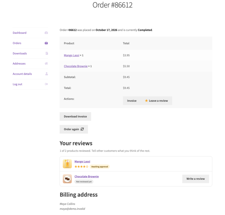 The order page in My Account with the Leave a review action and the Your reviews list with the status of every product