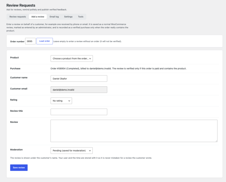 The form for entering a review on behalf of a customer