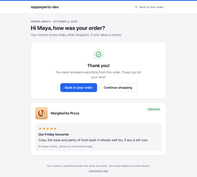 The thank-you card after the last product of an order was reviewed