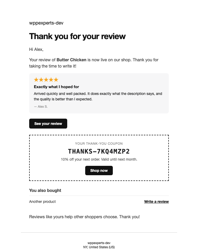 The Review published email with the review, a See your review button, the thank-you coupon and the other products of the order
