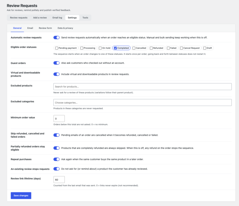 General settings: eligible order statuses, guests, exclusions, refunds and link lifetime