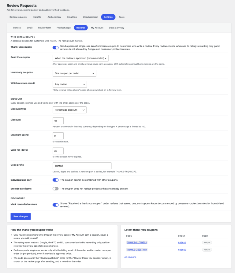 Settings, Rewards: who gets a coupon, discount, expiry, code prefix, the disclosure under rewarded reviews and the latest coupons
