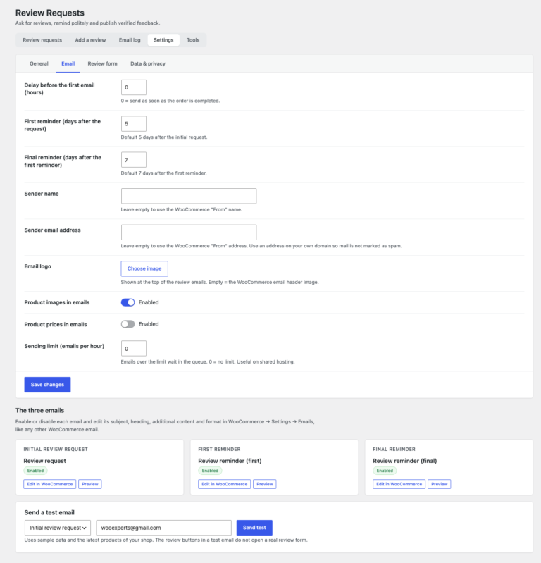 Email settings: reminder timing, sender, logo and the three WooCommerce emails